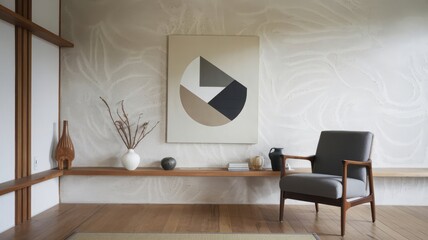 Wall Mural - Modern Minimalist Living Room with Artistic Decor. Chic and serene modern living room featuring geometric art, natural wood accents, and stylish furniture.