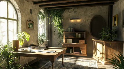 Aufkleber - Sunlit rustic study with wooden furniture, plants, and arched windows.
