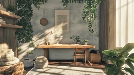 Aufkleber - A calming workspace featuring a wood desk, soft greenery, and natural stone decor.