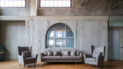 Wall Mural - Modern Minimalist Living Room with Concrete Wall and Stylish Furniture. Discover the elegance of this modern living room featuring stylish sofas, a charming window, and a unique concrete wal...