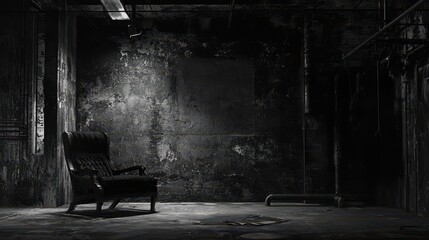 Poster - Dark and Moody Scene with Rugged Texture Featuring an Isolated Chair in a Grungy Environment