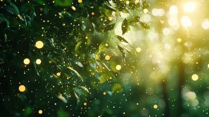 Poster - Soft Illumination Through Green Leaves in a Deep Forest Background with Golden Light Particles
