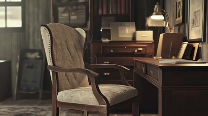 Aufkleber - A casual office space with a relaxing atmosphere, featuring a comfortable chair and a rustic desk.