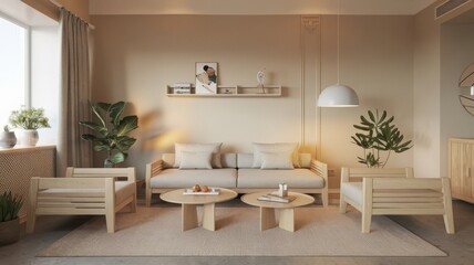 Wall Mural - Modern Cozy Living Room with Minimalist Design and Indoor Plants. A serene living room featuring a light color palette, cozy furniture, and stylish indoor plants. Perfect for contemporary ho...