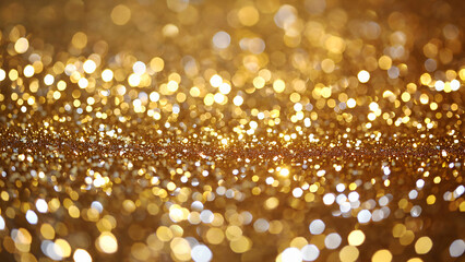 Poster - A close-up image capturing sparkling golden glitter on a surface, showcasing bokeh effects that create a festive and glamorous atmosphere for celebrations or parties.