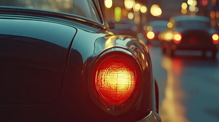 Canvas Print - Close-up of a classic car's taillight in slow-moving vintage vehicle traffic