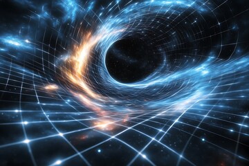 Poster - Abstract swirling vortex with glowing energy and grid pattern, resembling a wormhole or black hole in space.