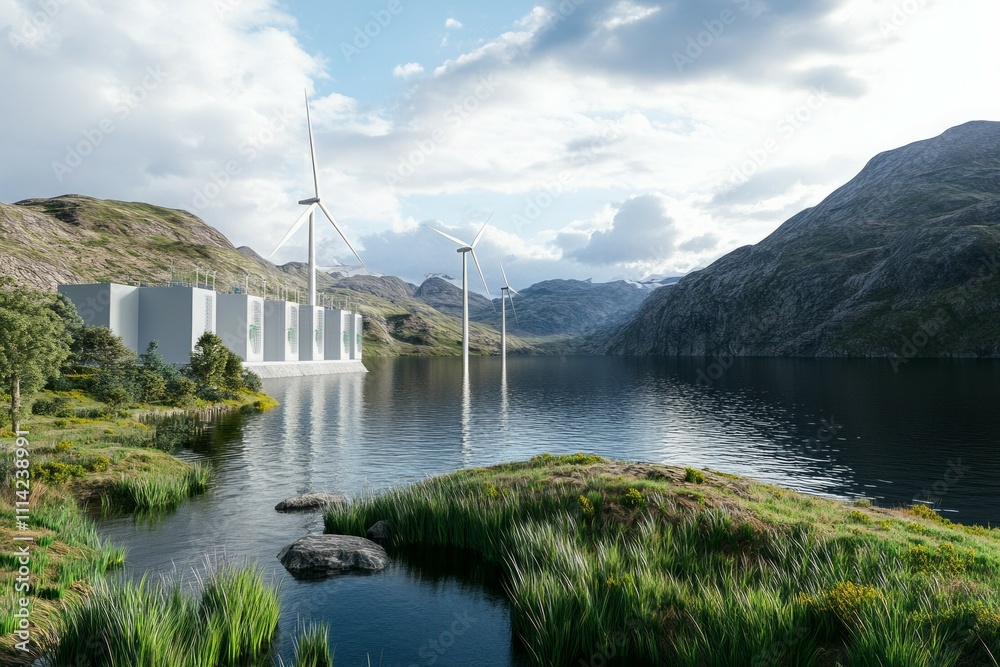 Wind farms and electrolysis equipment generating green hydrogen near a ...
