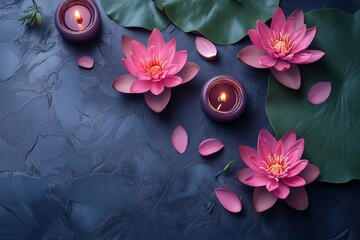 Wall Mural - Romantic arrangement of purple lotus flowers and candles in a serene setting