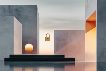 Poster - A serene, minimalist landscape featuring geometric structures, a glowing sphere, and a symbolic padlock, evoking themes of security and tranquility.