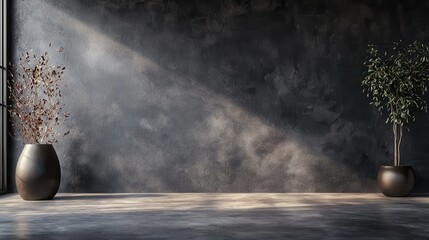 Poster - Dramatic Industrial Background with Dark Textured Wall and Minimalist Plant Decor