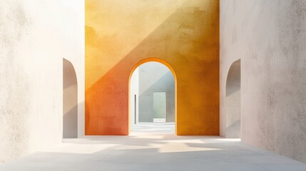 Poster - A serene interior space featuring arches and warm colors, creating a tranquil atmosphere filled with natural light.
