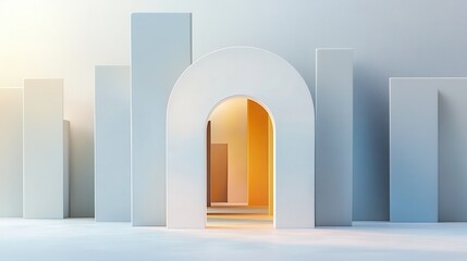 Poster - A modern, minimalist architectural scene featuring geometric shapes and an inviting archway with warm light emerging from within.
