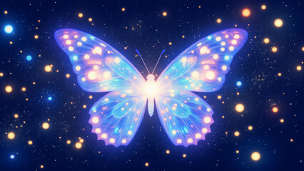 Poster - A vibrant illustration of a butterfly glowing with blue and purple hues, surrounded by twinkling stars, creating a magical and whimsical atmosphere suitable for fantasy themes.