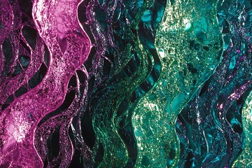 Aufkleber - Abstract wavy texture with pink, teal, and green glitter.
