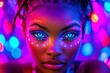 © Espresso - A close-up of a young Black woman with glowing blue eyes and vibrant face paint, surrounded by colorful lights.