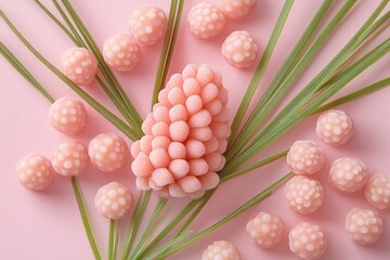 Vibrant pink food art featuring delicate pearls and green leaves studio setup aesthetic composition culinary delight