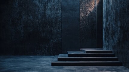 Poster - Dramatic Dark Industrial Background with Textured Walls and Staircase in Elegant Shadow Play