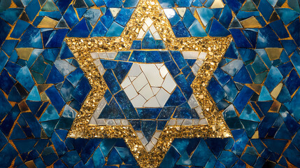 Wall Mural - Decorative mosaic jewish religion symbol star of david, blue white and gold colors. rosh hashanah, jewish new year holiday or hannukah greeting card concept. generative ai. Mosaic. Illustration