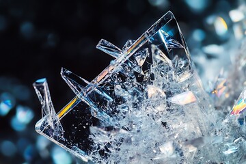 Poster - Close-up of a crystalline structure with sharp edges and iridescent reflections against a dark background.