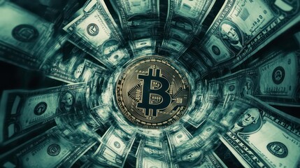 Poster - Bitcoin cryptocurrency coin surrounded by US dollar banknotes in a vortex.