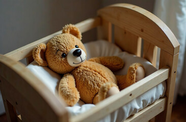 Teddy bear lying in crib, stuffed toy in children bedroom. AI Generative