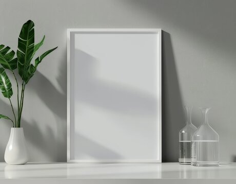 White frame mockup with plant and glass bottles on a white table against a gray wall with sunlight