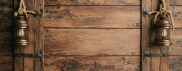 A rustic wooden backdrop featuring two vintage lanterns, creating a warm, inviting atmosphere.