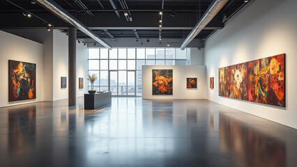 Poster - An expansive art gallery showcasing various colorful paintings on white walls, illuminated by natural light streaming through large windows, designed for art appreciation.