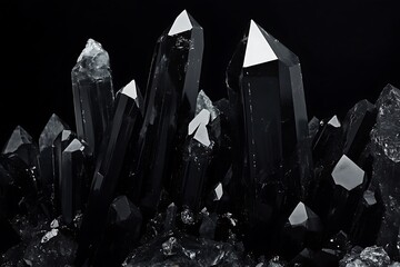 Poster - Cluster of lustrous black crystals against a black background.