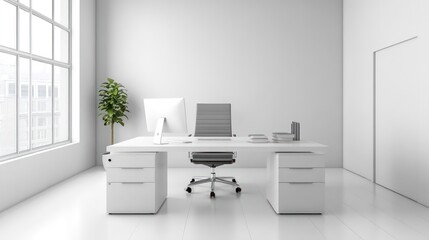 Poster - Minimalist white office interior with desk, chair, computer, and plant.