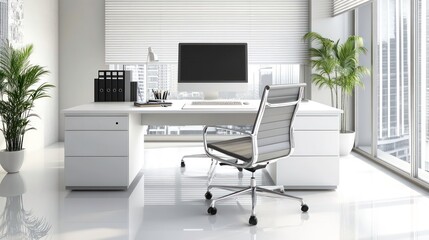 Poster - Modern minimalist white office interior with desk, chair, computer, and plants.