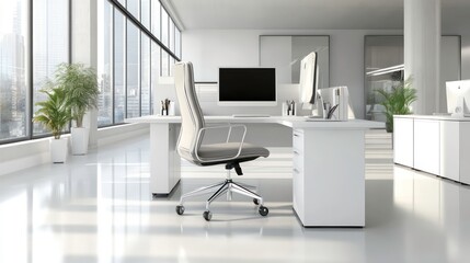 Poster - Modern bright office interior with white desk, chair, computer, and city view.