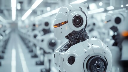 Aufkleber - A series of sleek white robots stand in a futuristic workshop, their intricate designs highlighting cutting-edge technology. Bright lights illuminate the space, enhancing their glossy surfaces