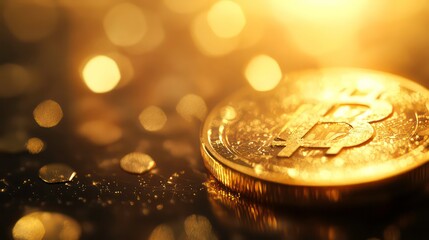 Poster - A close-up of a gold-plated coin shining under soft lighting, surrounded by financial symbols.