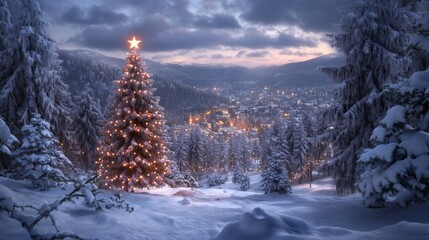 A serene holiday night scene with a glowing Christmas star atop a snow-covered hill