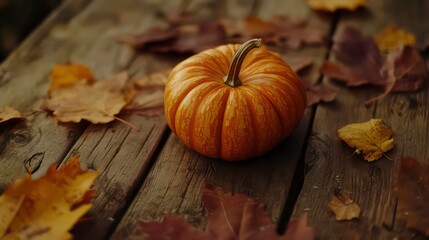 Aufkleber - Small orange pumpkin rests on rustic wooden surface surrounded by autumn leaves.