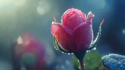 Poster - A close-up of a rosebud surrounded by morning dew.