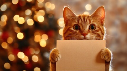 Poster - A New Year tree sparkles in the background as a cat holds a blank paper sheet, perfect for a holiday greeting card