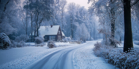 Wall Mural - serene winter landscape featuring snow covered house and winding road, evoking peaceful and tranquil atmosphere