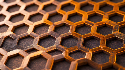 Poster - Honeycomb patterned surface with geometric shapes and warm color tones showcasing intricate design and texture for modern architectural aesthetics