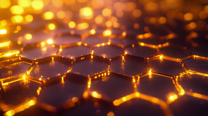 Poster - Abstract close-up of glowing hexagonal patterns reflecting light in a warm color palette, evoking a sense of technology and modern design aesthetics