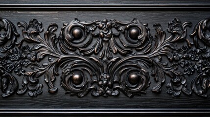 Wall Mural - Black wall wood molding panels in a luxury interior, with soft light highlighting the rich textures and patterns