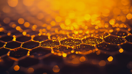 Poster - Glowing Honeycomb Texture with Golden Bokeh and Soft Light Reflections for Abstract and Nature Inspired Backgrounds