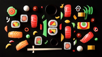 Wall Mural - Brightly Colored Sushi Rolls Set on Black Background