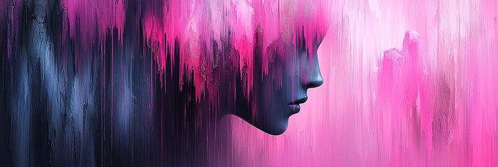 Poster - silhouette of woman's profile vibrant pink and dark abstract colors
