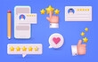 Customer feedback review with give 5 star rating. Customer woman review and user rating five stars from dialog box in the application. 3D Web Vector Illustrations.