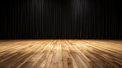Poster - Minimalist wooden floor stage with black curtain background, dim spotlight creating dramatic contrast