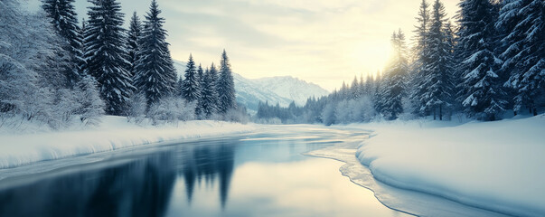 Wall Mural - Tranquil winter wonderland: a scenic river flowing through a snowy forest with mountains in the background at sunrise