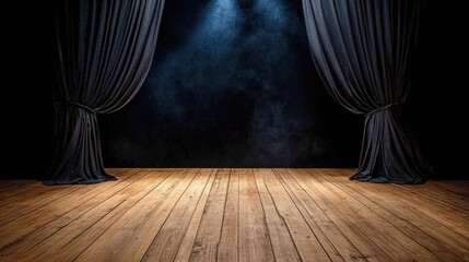 Poster - Minimalist wooden floor stage with black curtain background, dim spotlight creating dramatic contrast